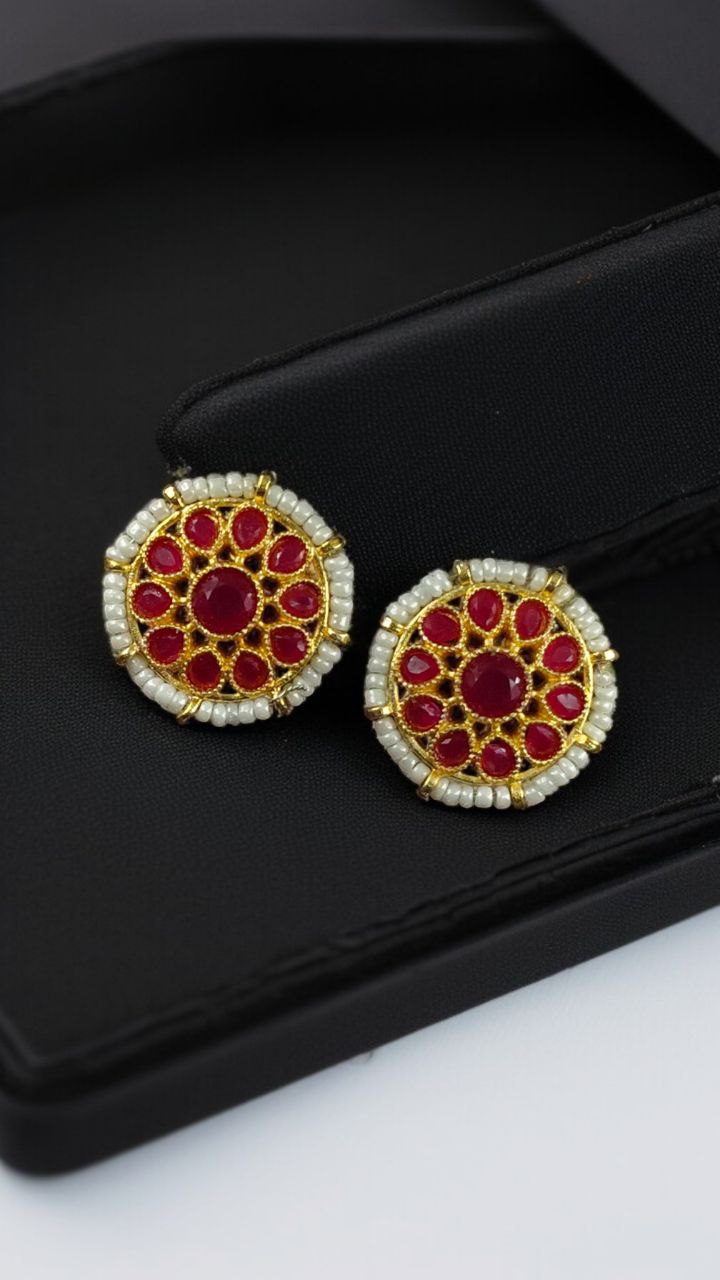 Stylish Kundan Meena Unique Stud Earrings with Gold Plating Stone and Pearl Detailing