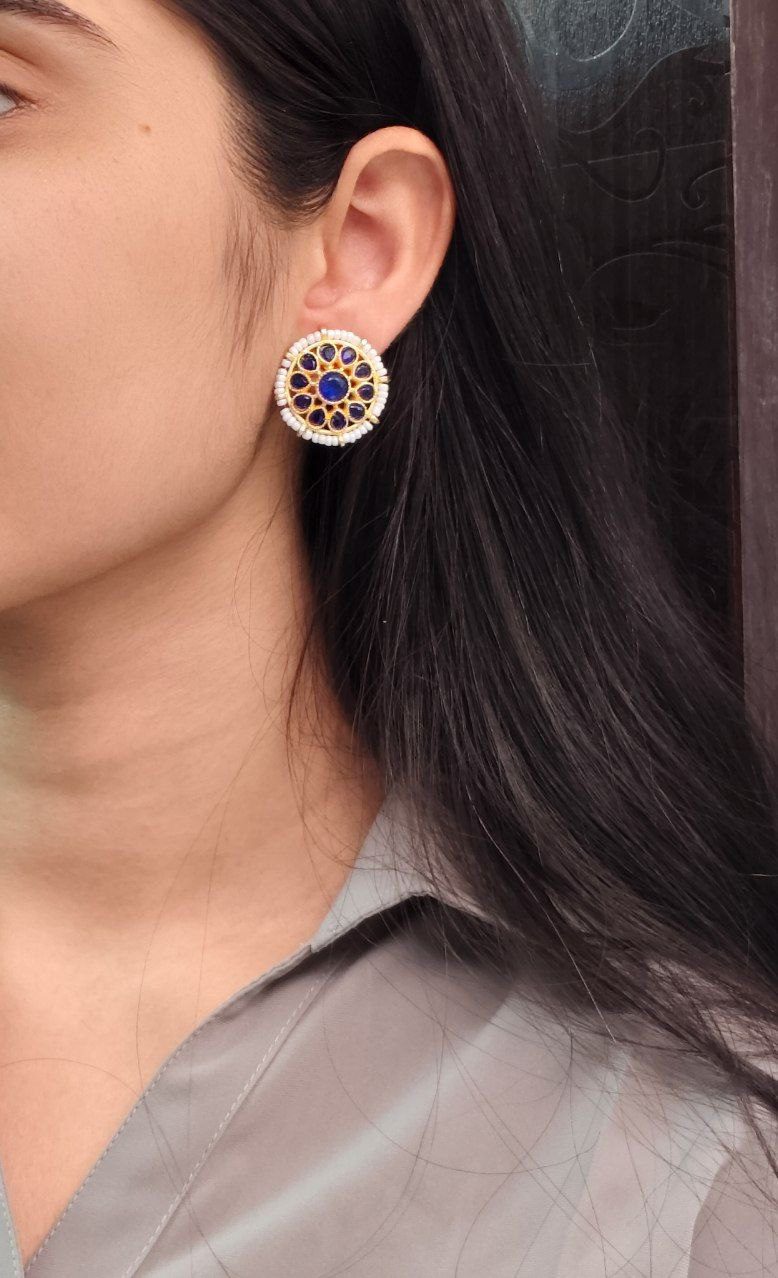 Stylish Kundan Meena Unique Stud Earrings with Gold Plating Stone and Pearl Detailing