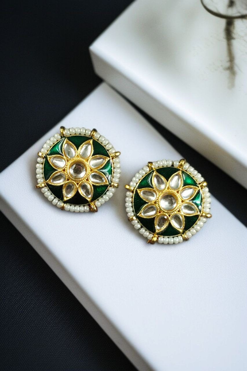 Traditional Flower Design Earrings | Kundan Meena with Unique Pearl Detailing