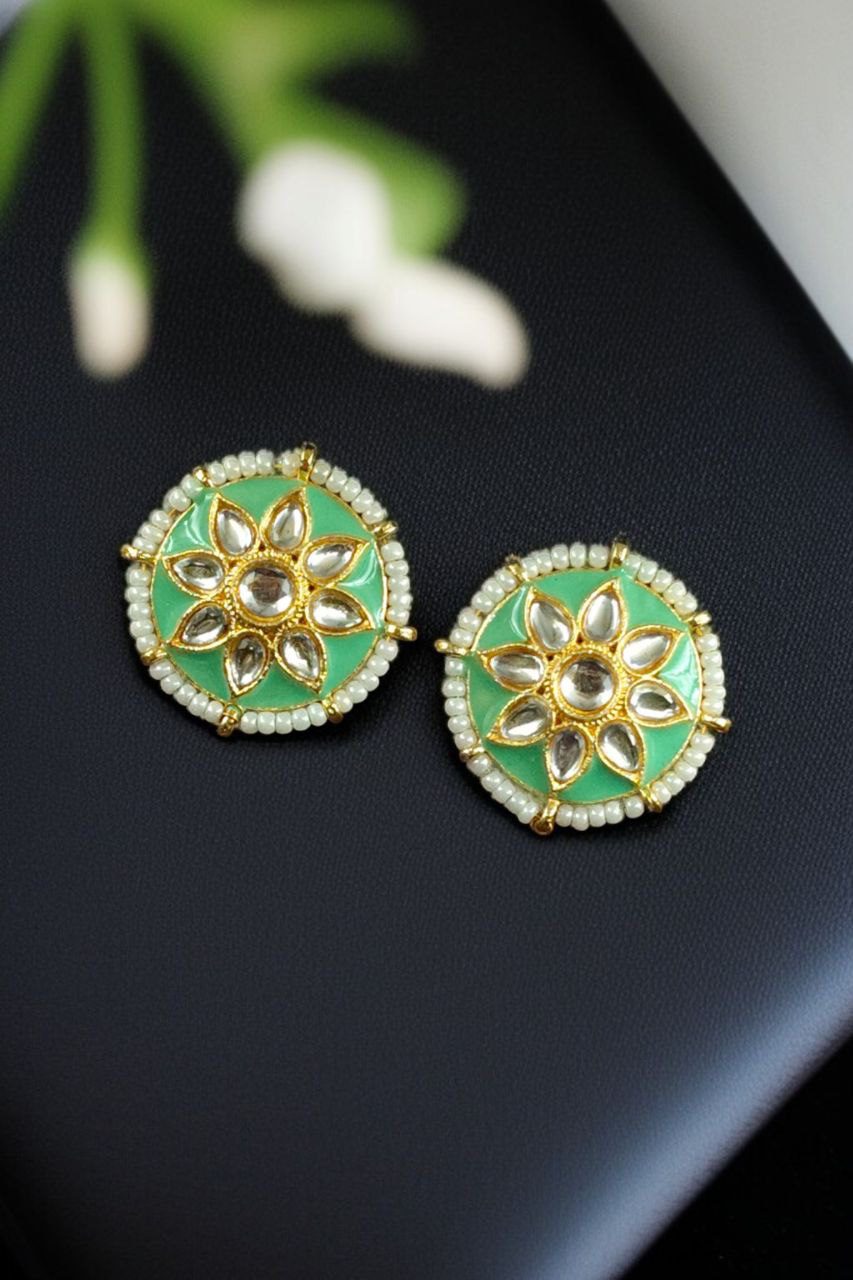 Traditional Flower Design Earrings | Kundan Meena with Unique Pearl Detailing