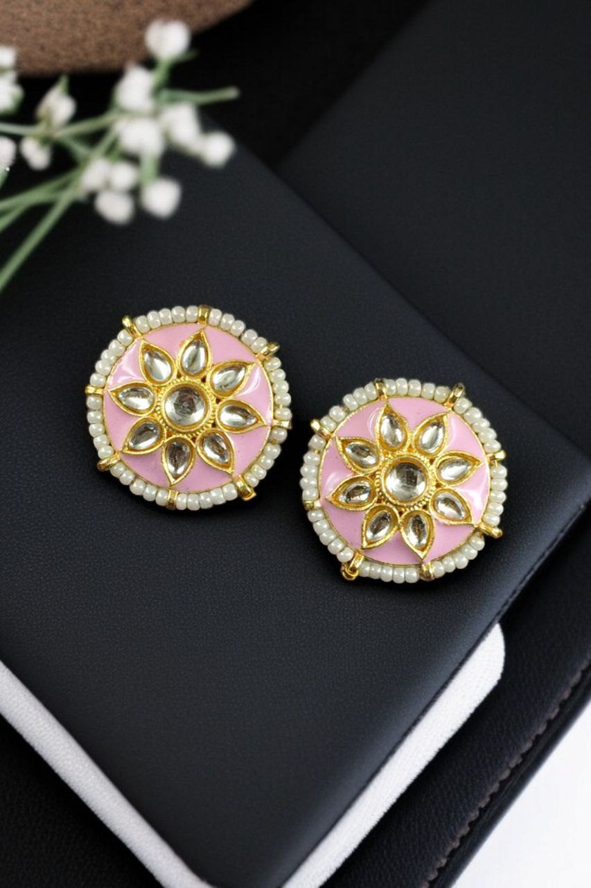 Traditional Flower Design Earrings | Kundan Meena with Unique Pearl Detailing