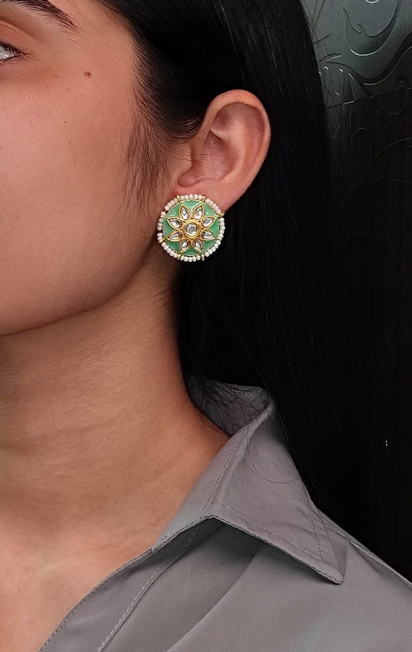 Traditional Flower Design Earrings | Kundan Meena with Unique Pearl Detailing