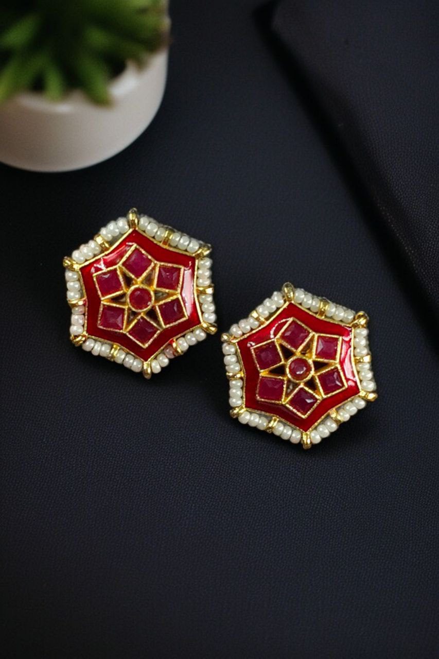 Lightweight Stud Kundan Meena Earrings | Daily Wear with Beautiful Pearl Work