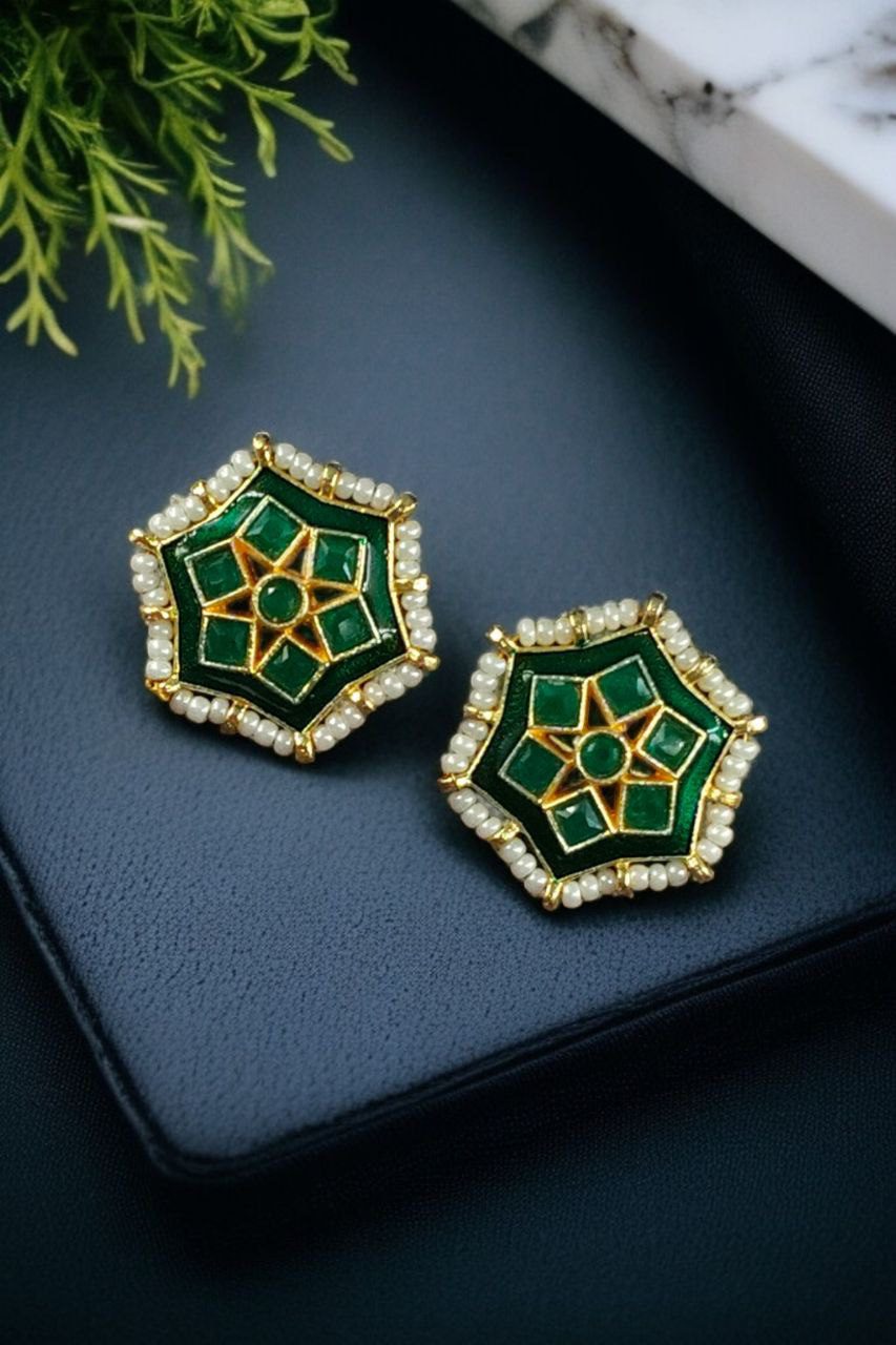 Lightweight Stud Kundan Meena Earrings | Daily Wear with Beautiful Pearl Work