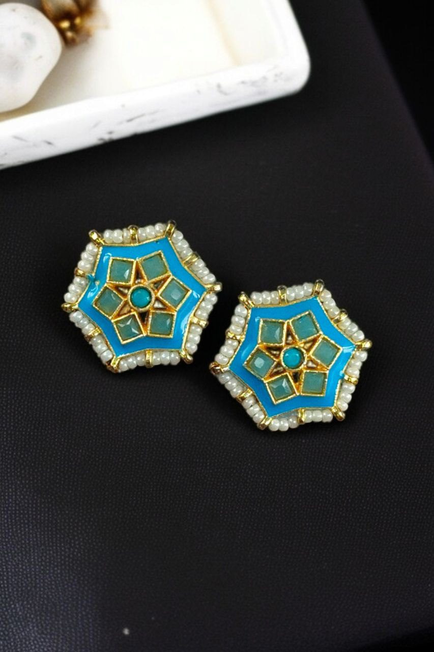 Lightweight Stud Kundan Meena Earrings | Daily Wear with Beautiful Pearl Work