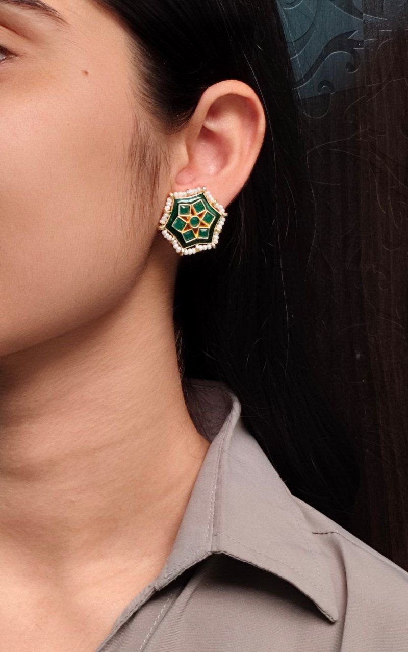 Lightweight Stud Kundan Meena Earrings | Daily Wear with Beautiful Pearl Work