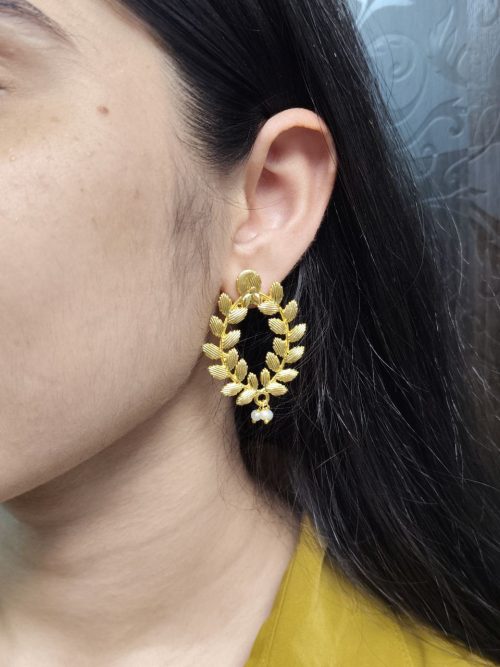 Ethnic Style Golden Leaf Earrings with Pearls – Perfect for Everyday Wear