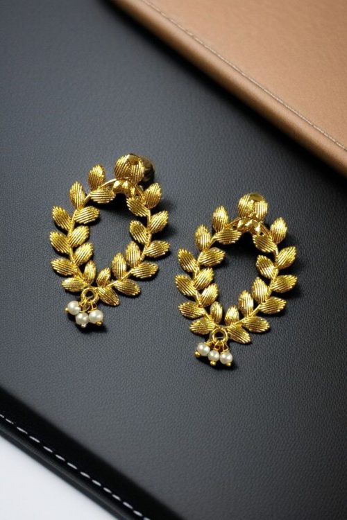 Ethnic Style Golden Leaf Earrings with Pearls – Perfect for Everyday Wear