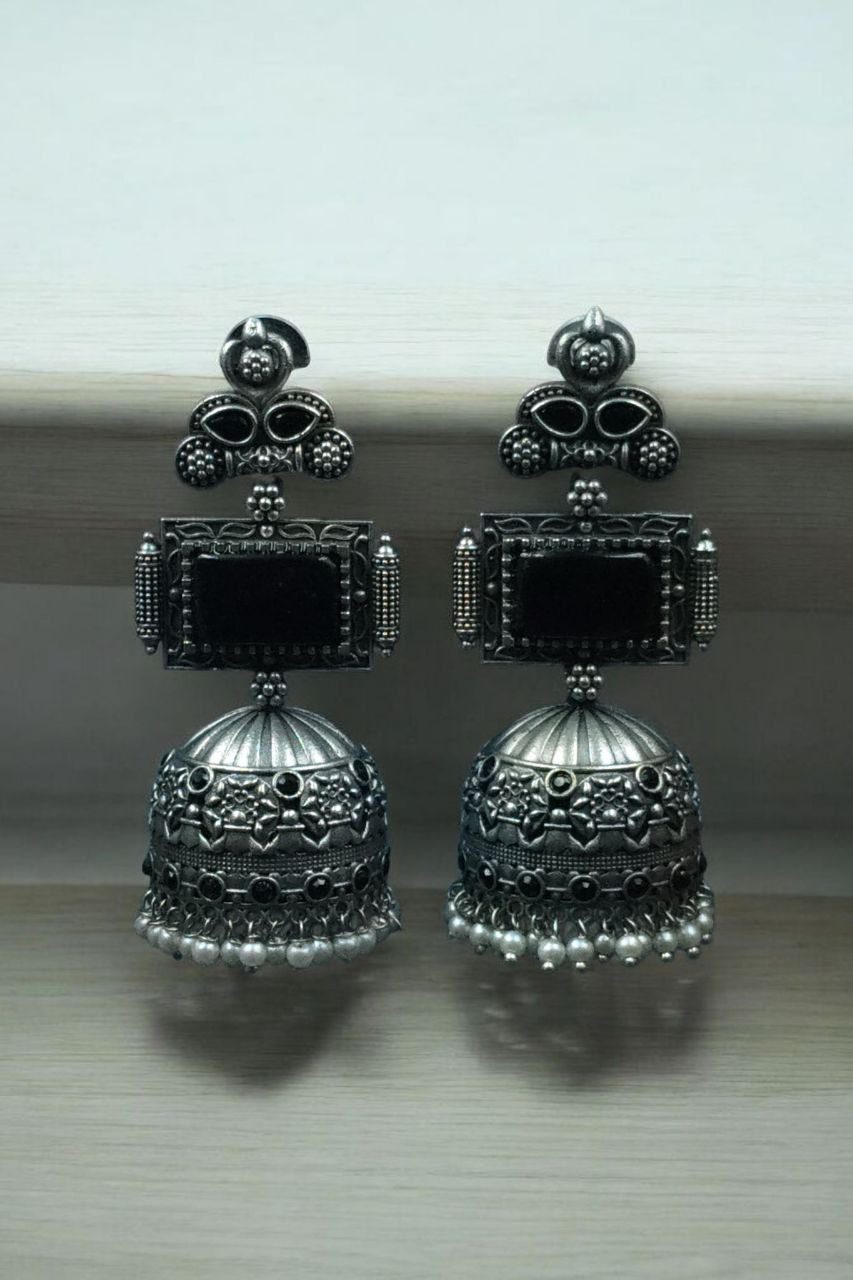 Unique Silver Replica Oxidised Jambo Jhumka With Monalisa Stones