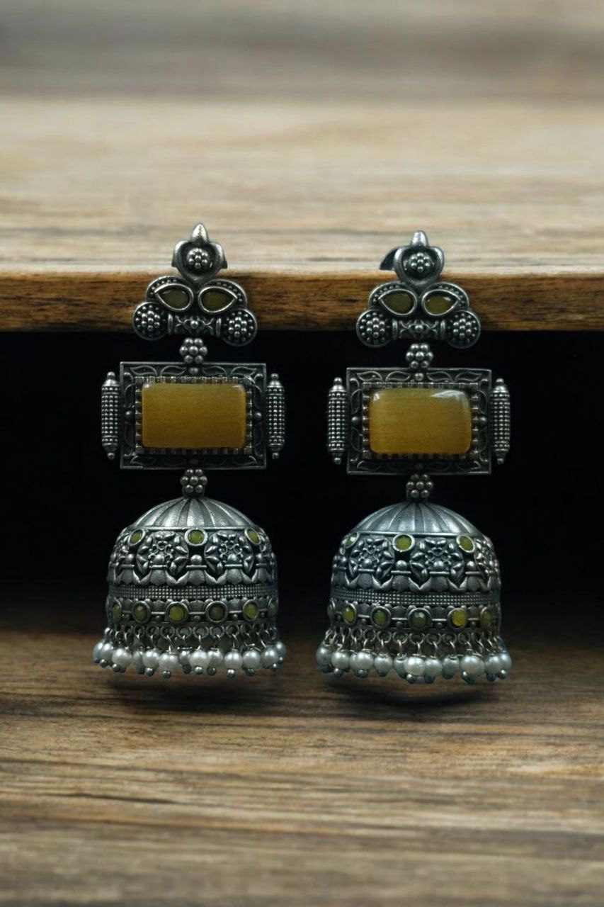 Unique Silver Replica Oxidised Jambo Jhumka With Monalisa Stones