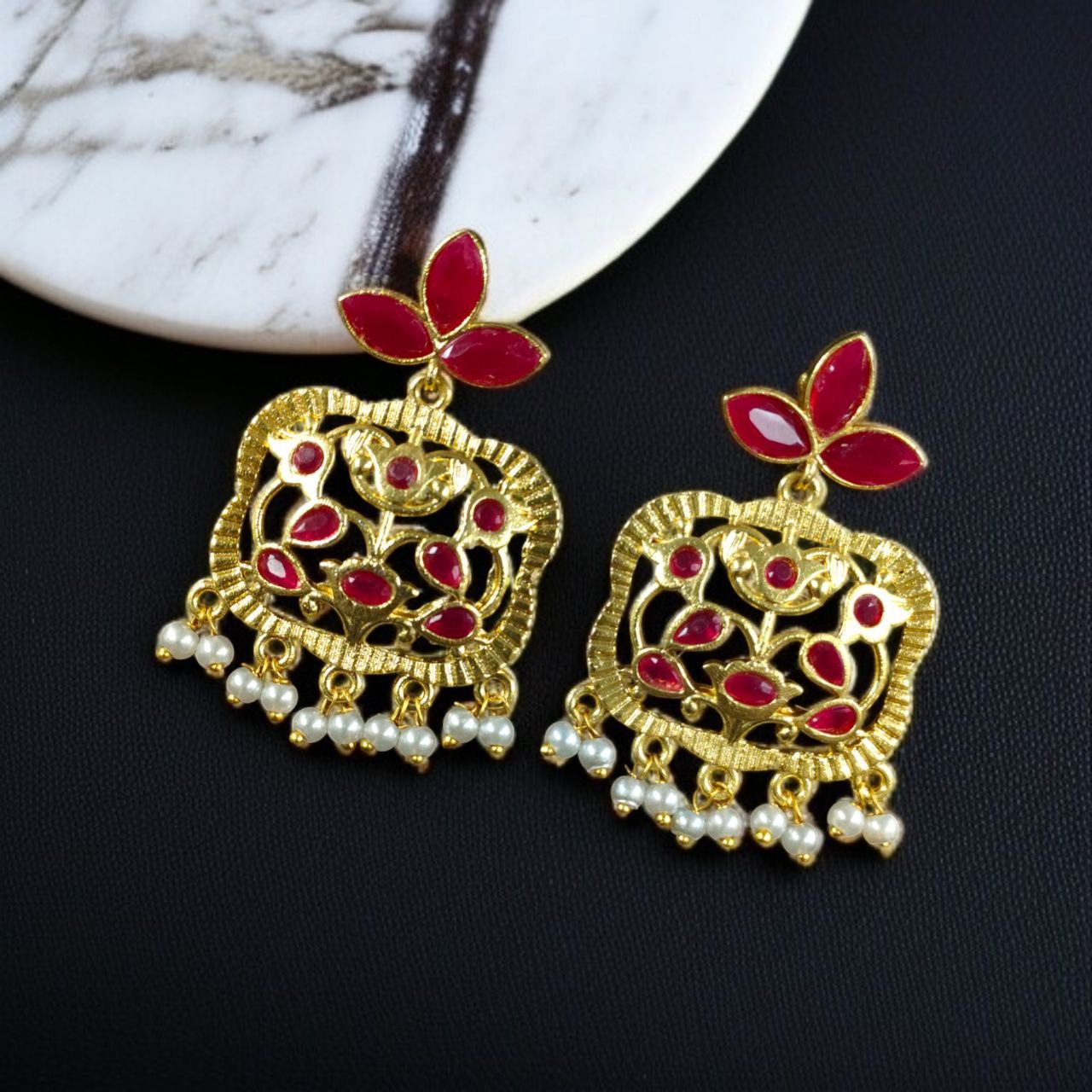Gold Plated Floral Art Earrings | Stone & Pearl Work for Best Ethnic Wear Dangler Jewelry