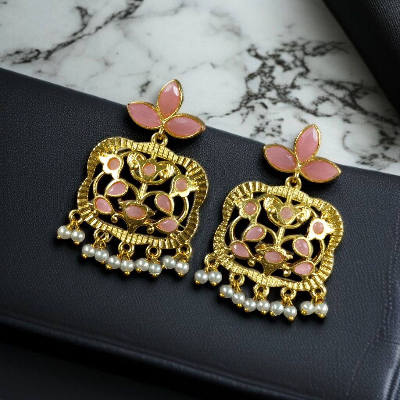 Gold Plated Floral Art Earrings | Stone & Pearl Work for Best Ethnic Wear Dangler Jewelry