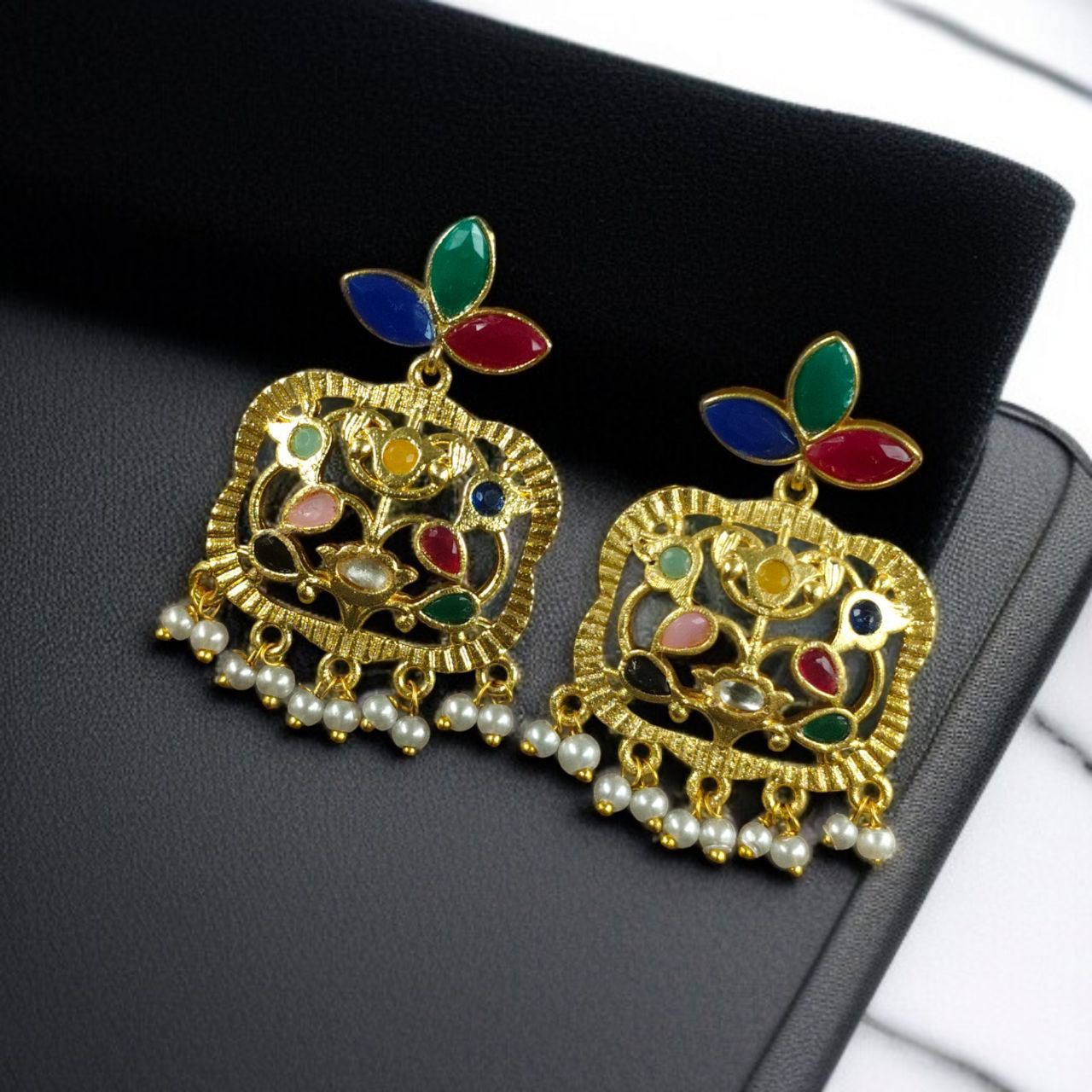 Gold Plated Floral Art Earrings | Stone & Pearl Work for Best Ethnic Wear Dangler Jewelry
