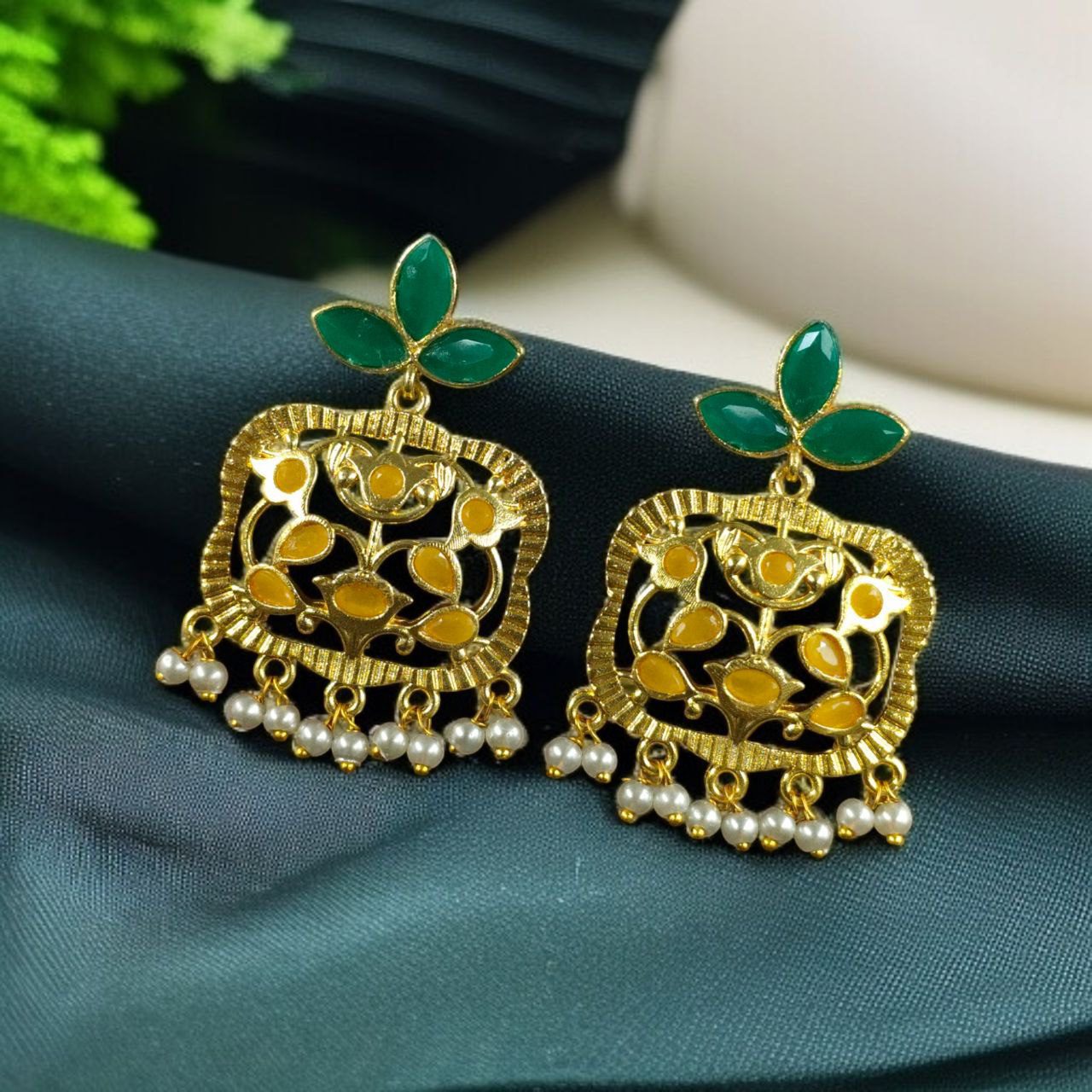 Gold Plated Floral Art Earrings | Stone & Pearl Work for Best Ethnic Wear Dangler Jewelry
