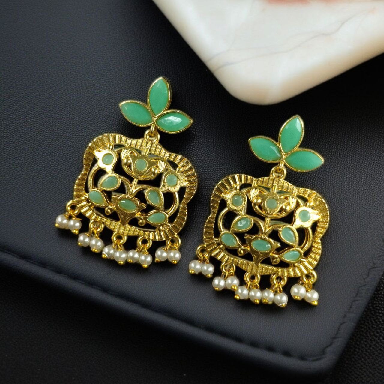 Gold Plated Floral Art Earrings | Stone & Pearl Work for Best Ethnic Wear Dangler Jewelry