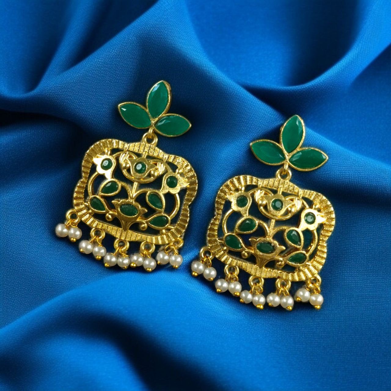 Gold Plated Floral Art Earrings | Stone & Pearl Work for Best Ethnic Wear Dangler Jewelry