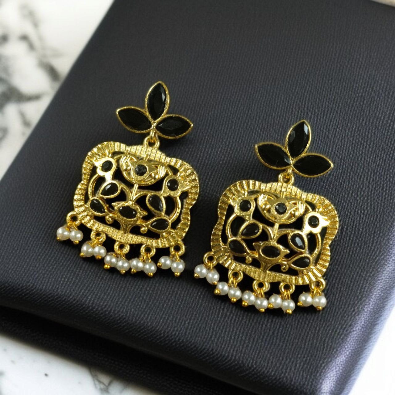 Gold Plated Floral Art Earrings | Stone & Pearl Work for Best Ethnic Wear Dangler Jewelry