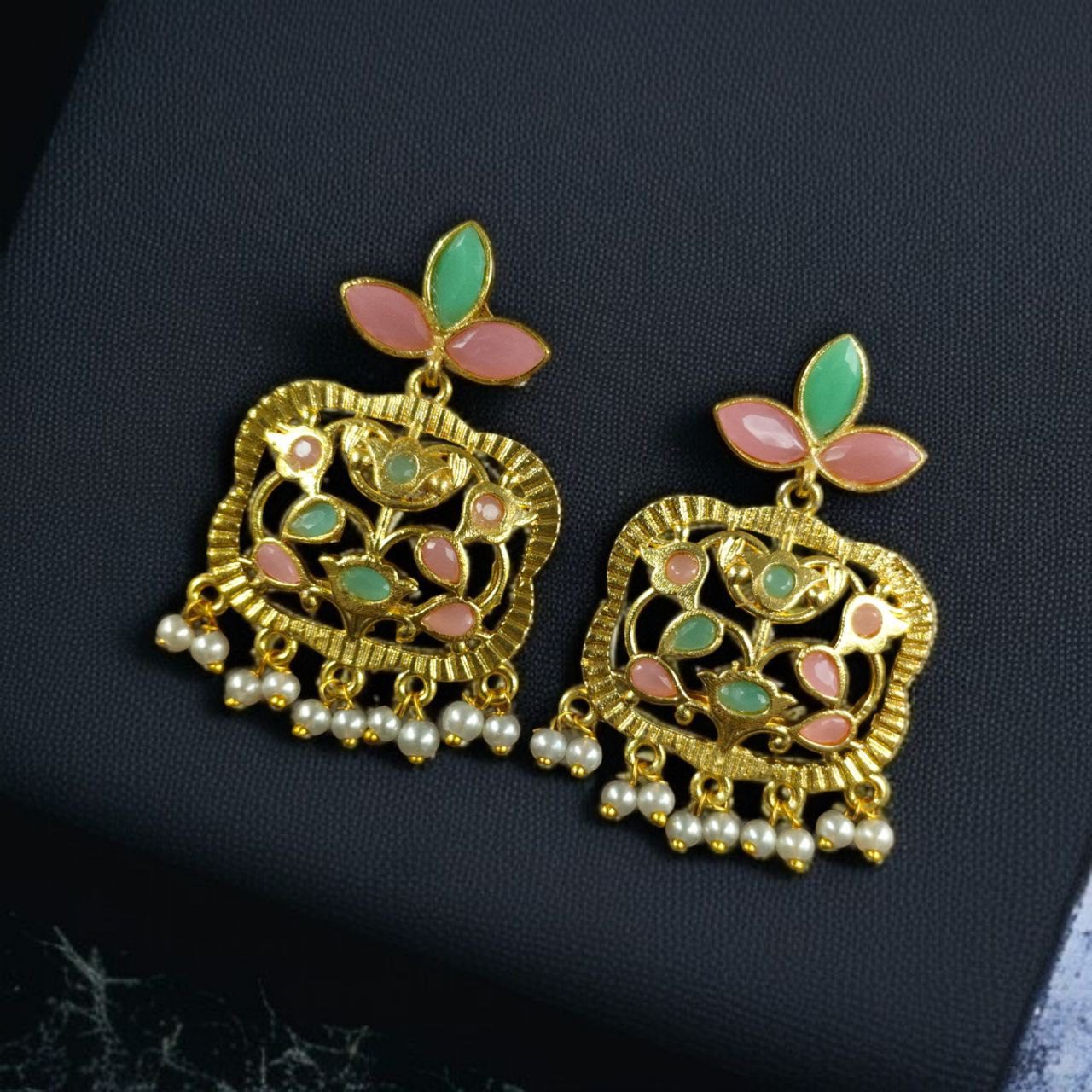 Gold Plated Floral Art Earrings | Stone & Pearl Work for Best Ethnic Wear Dangler Jewelry