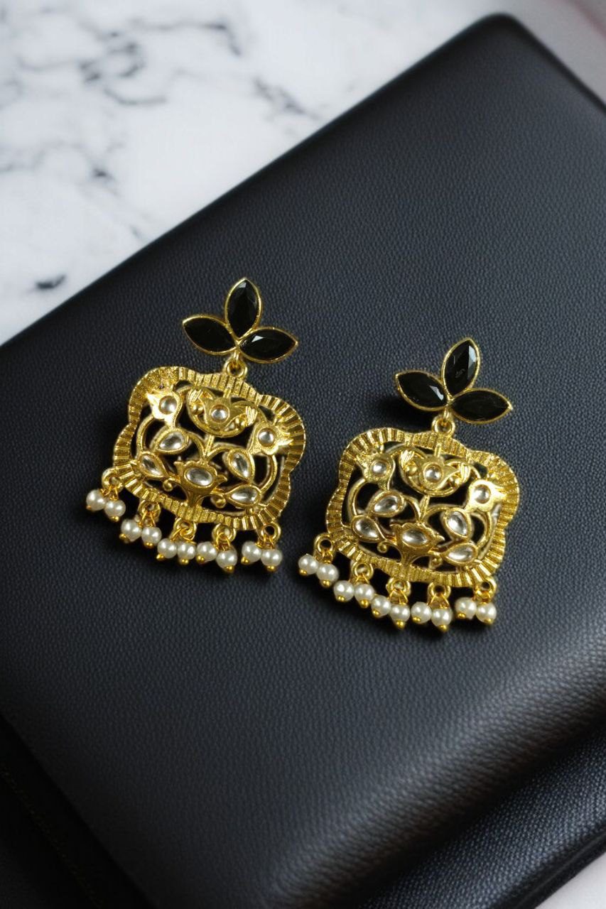 Gold Plated Floral Art Earrings | Stone & Pearl Work for Best Ethnic Wear Dangler Jewelry