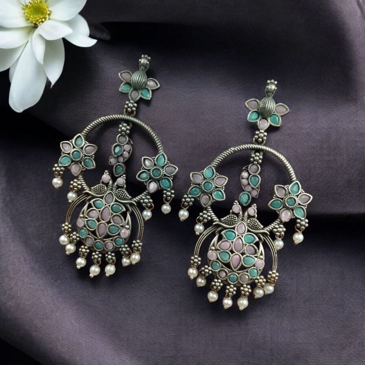 Best Ethnic Peacock Earrings – Oxidized Stone & Pearl Detailing in Silver Replica Dangler Jewelry
