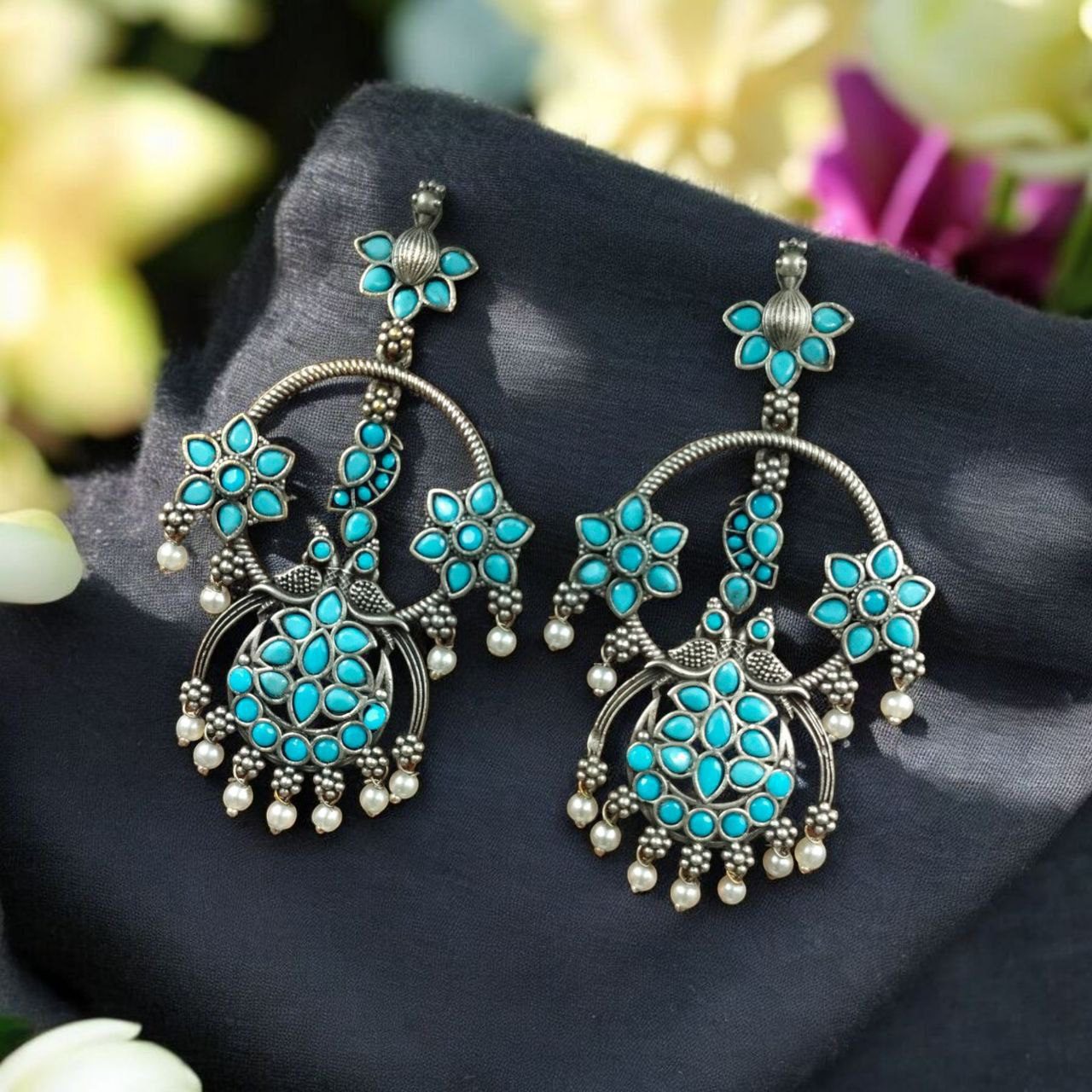 Best Ethnic Peacock Earrings – Oxidized Stone & Pearl Detailing in Silver Replica Dangler Jewelry