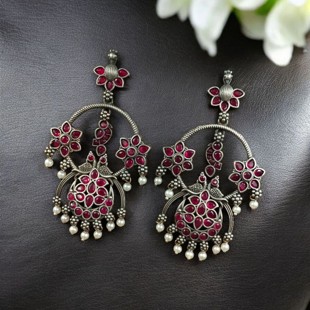 Best Ethnic Peacock Earrings – Oxidized Stone & Pearl Detailing in Silver Replica Dangler Jewelry