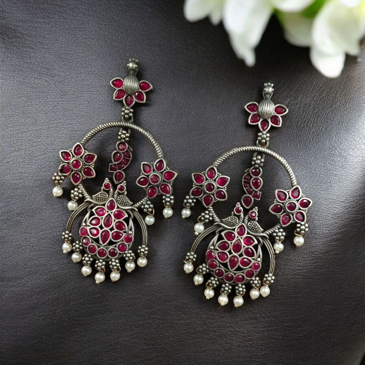 Best Ethnic Peacock Earrings – Oxidized Stone & Pearl Detailing in Silver Replica Dangler Jewelry