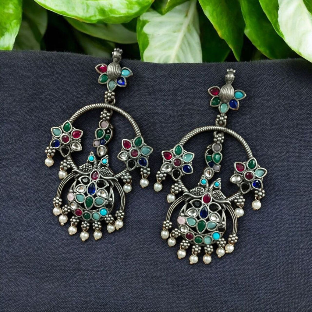 Best Ethnic Peacock Earrings – Oxidized Stone & Pearl Detailing in Silver Replica Dangler Jewelry