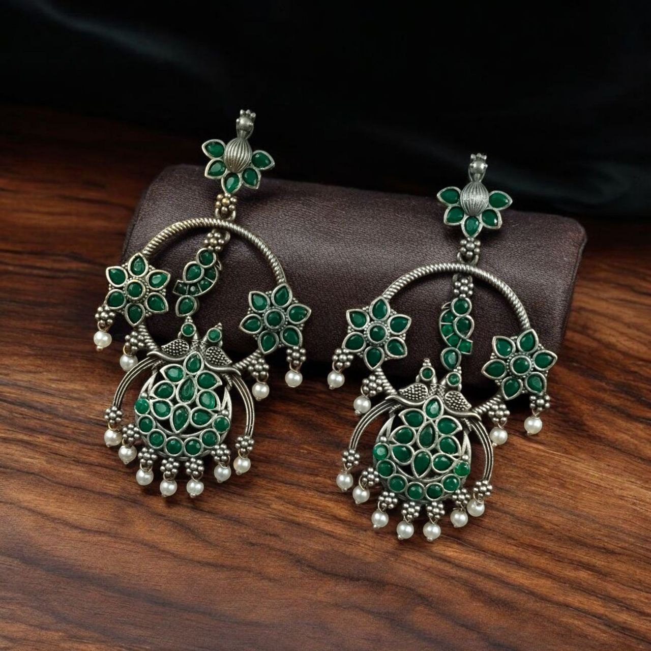 Best Ethnic Peacock Earrings – Oxidized Stone & Pearl Detailing in Silver Replica Dangler Jewelry