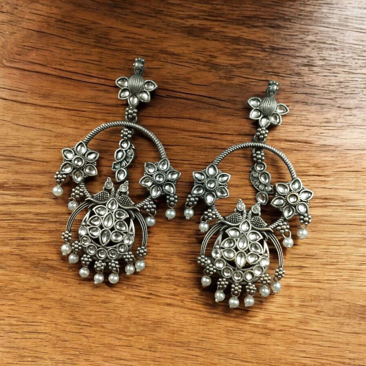 Best Ethnic Peacock Earrings – Oxidized Stone & Pearl Detailing in Silver Replica Dangler Jewelry