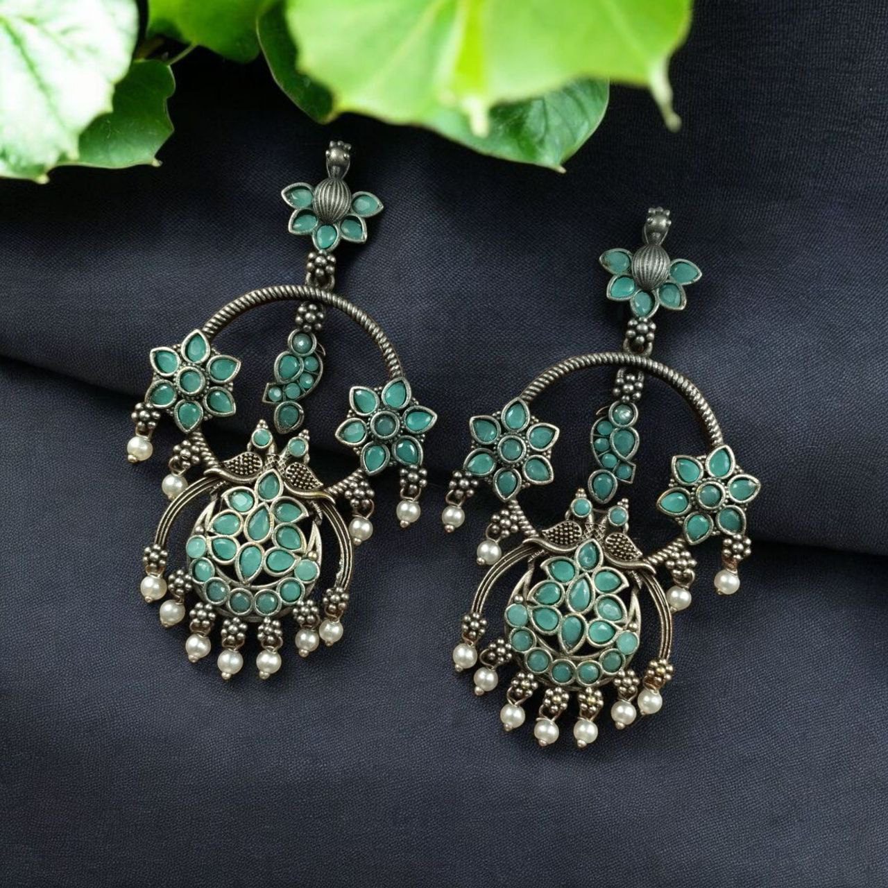 Best Ethnic Peacock Earrings – Oxidized Stone & Pearl Detailing in Silver Replica Dangler Jewelry