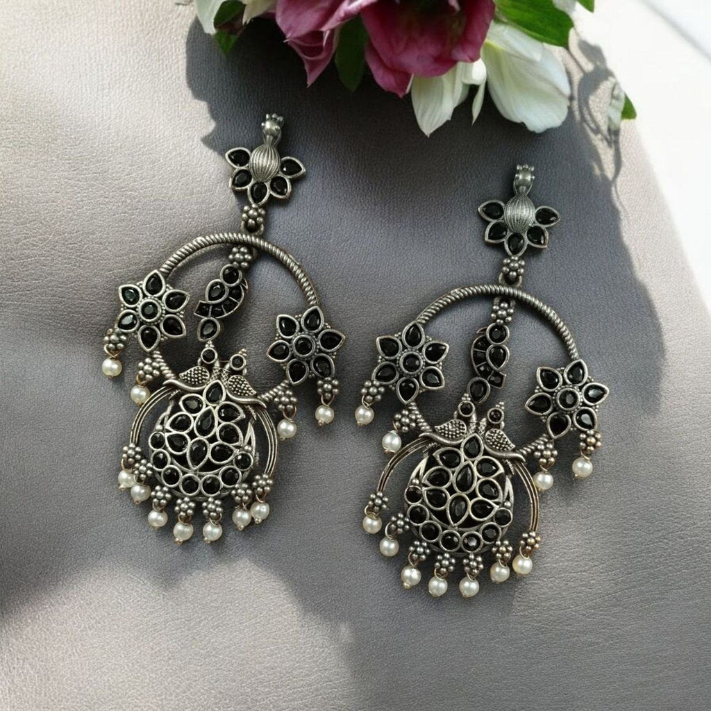 Best Ethnic Peacock Earrings – Oxidized Stone & Pearl Detailing in Silver Replica Dangler Jewelry