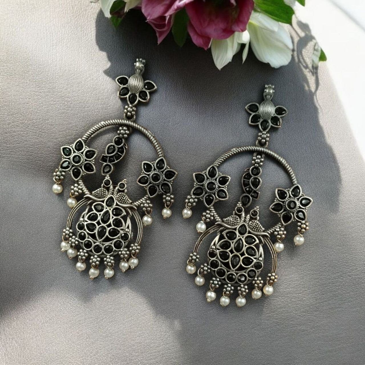Best Ethnic Peacock Earrings – Oxidized Stone & Pearl Detailing in Silver Replica Dangler Jewelry