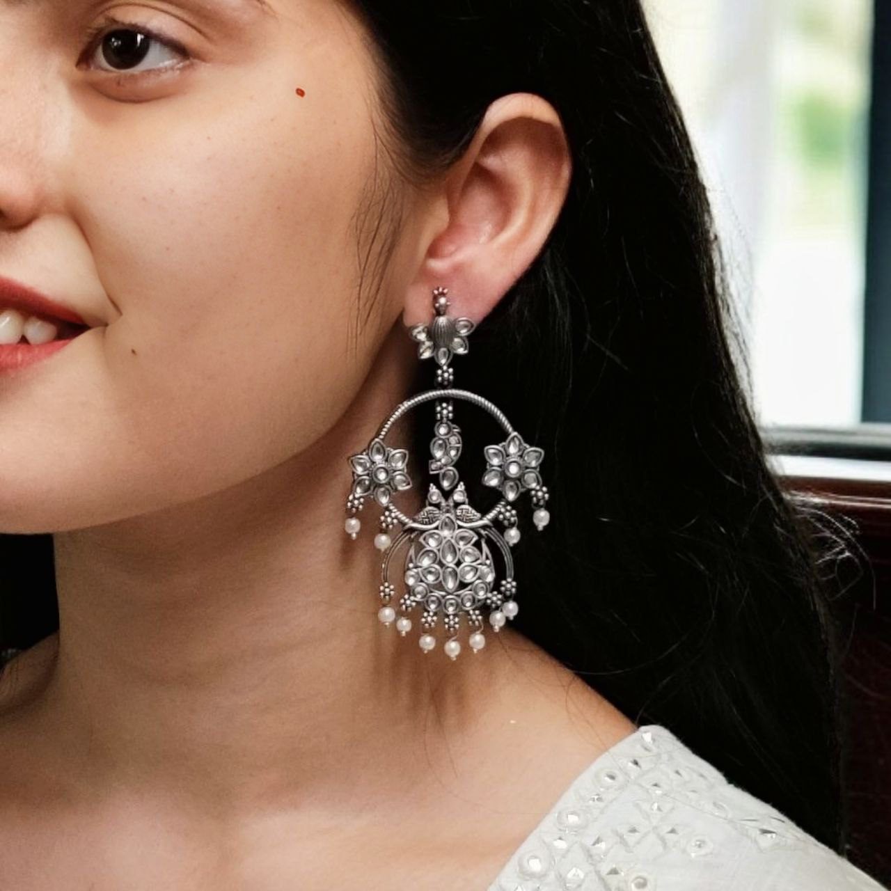 Best Ethnic Peacock Earrings – Oxidized Stone & Pearl Detailing in Silver Replica Dangler Jewelry