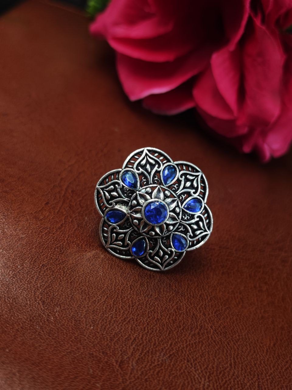 Ethnic Oxidized Silver Adjustable Ring with Stone – Perfect for Daily Use
