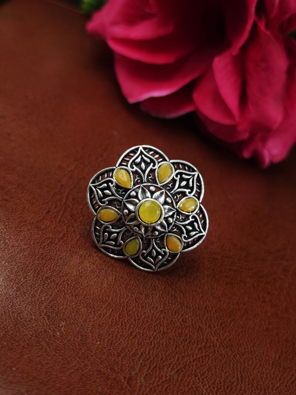 Ethnic Oxidized Silver Adjustable Ring with Stone – Perfect for Daily Use