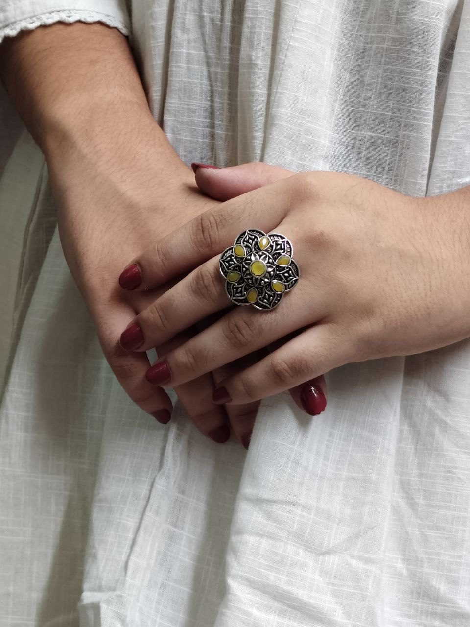 Ethnic Oxidized Silver Adjustable Ring with Stone – Perfect for Daily Use