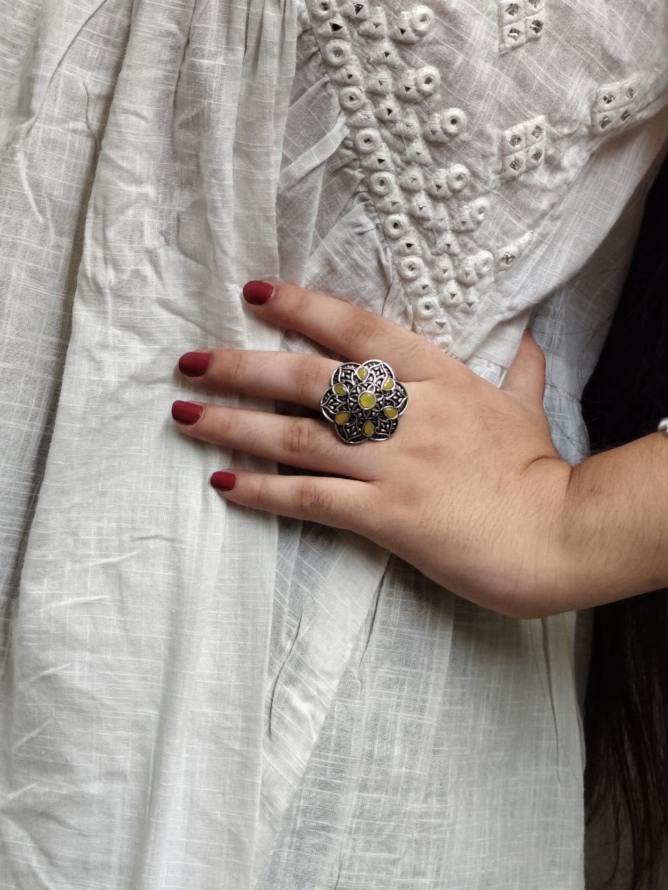 Ethnic Oxidized Silver Adjustable Ring with Stone – Perfect for Daily Use
