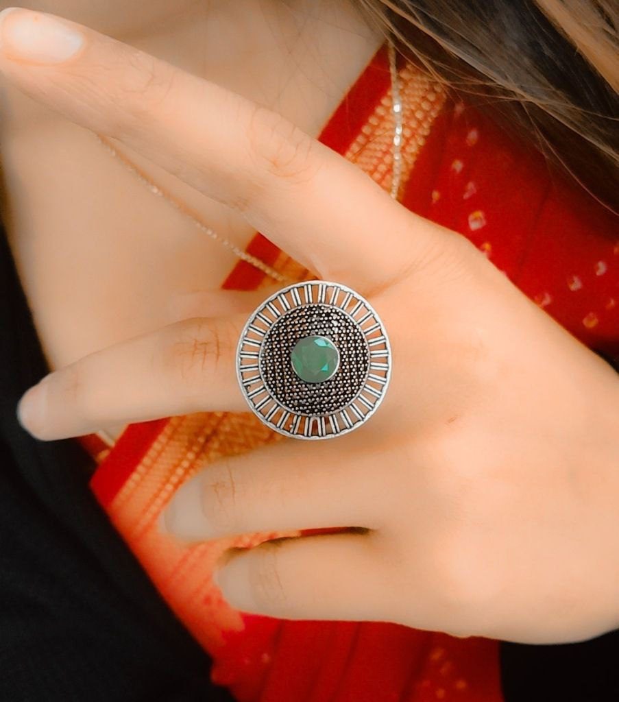 Oxidized Silver Plated Round Stone Ring – Daily Wear Perfect Jewelry for Women