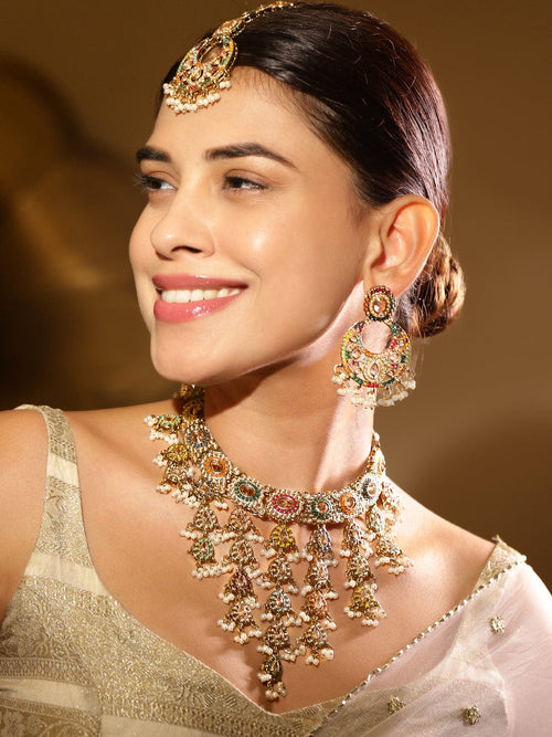 Rubans 22K Gold-Plated Multicolor Kundan & Cubic Zirconia Studded Bridal Jewelry Set