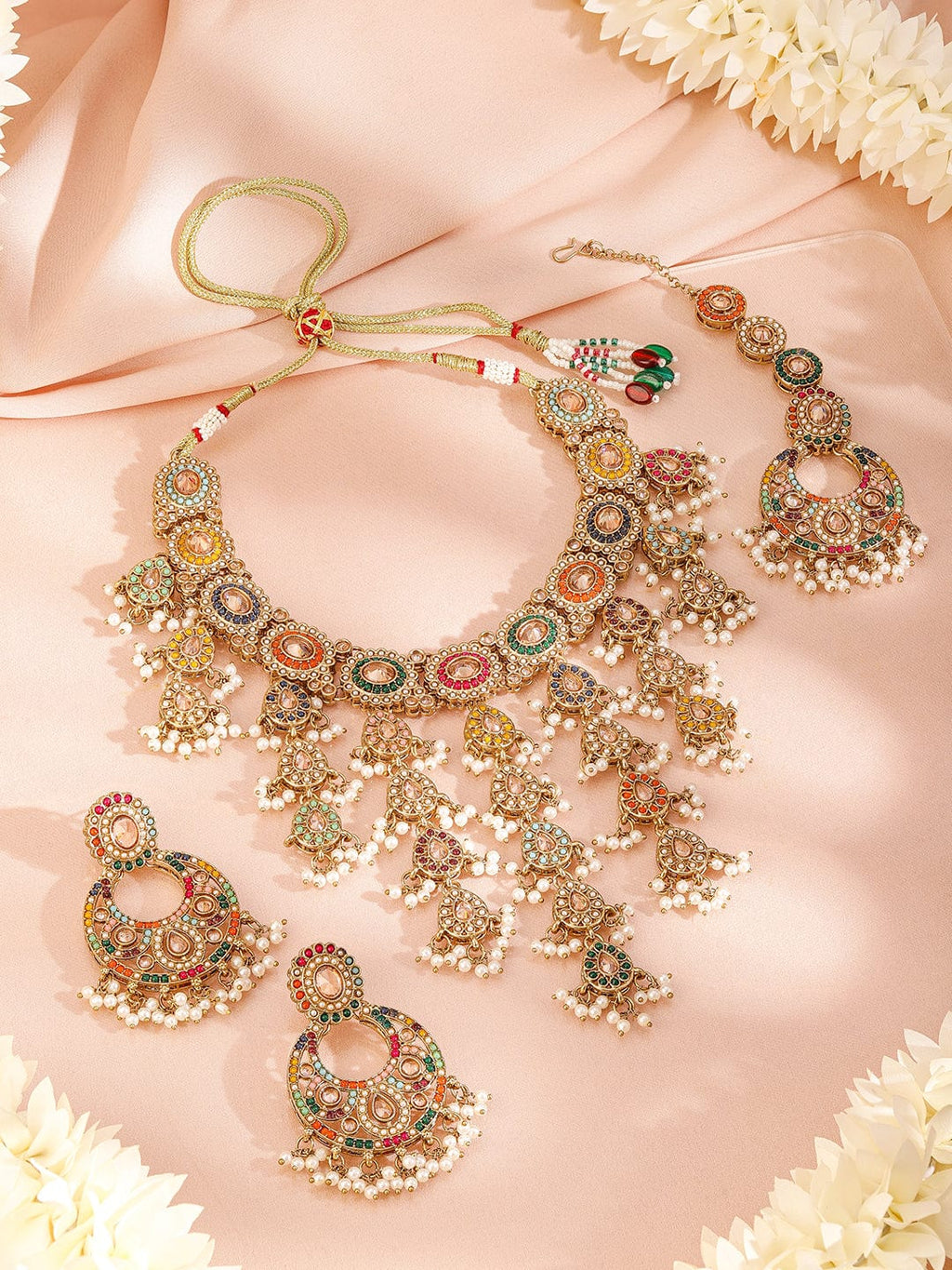Rubans 22K Gold-Plated Multicolor Kundan & Cubic Zirconia Studded Bridal Jewelry Set