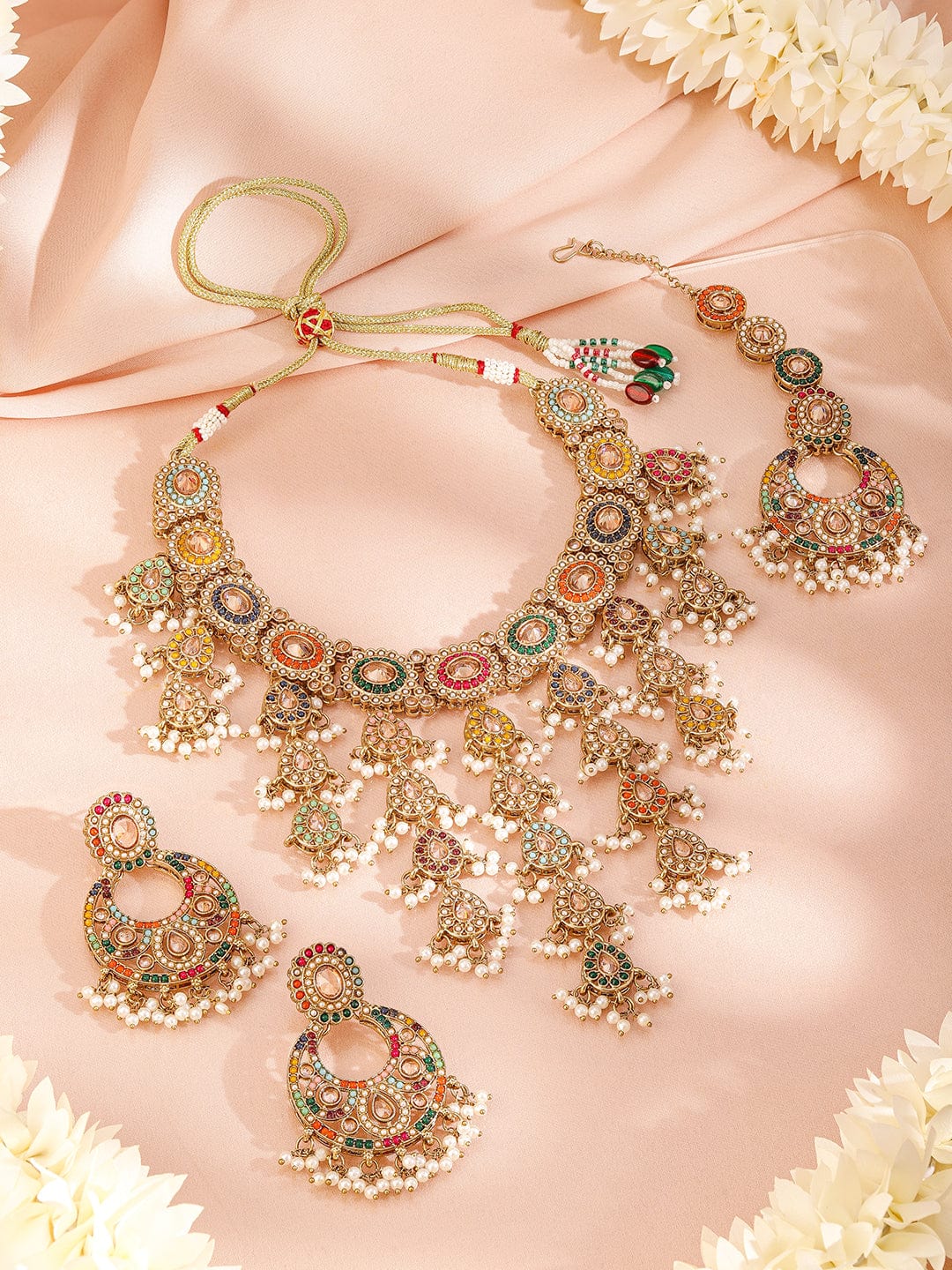 Rubans 22K Gold-Plated Multicolor Kundan & Cubic Zirconia Studded Bridal Jewelry Set