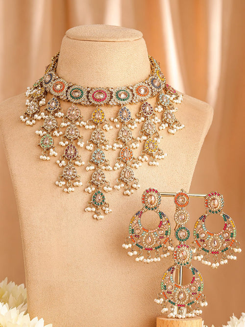 Rubans 22K Gold-Plated Multicolor Kundan & Cubic Zirconia Studded Bridal Jewelry Set